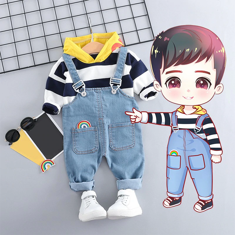 Fashion Stripe Boys Hoodies Sweatershirt Set New Strap Jeans Handsome Boy Clothes Set 2019 Children Clothing