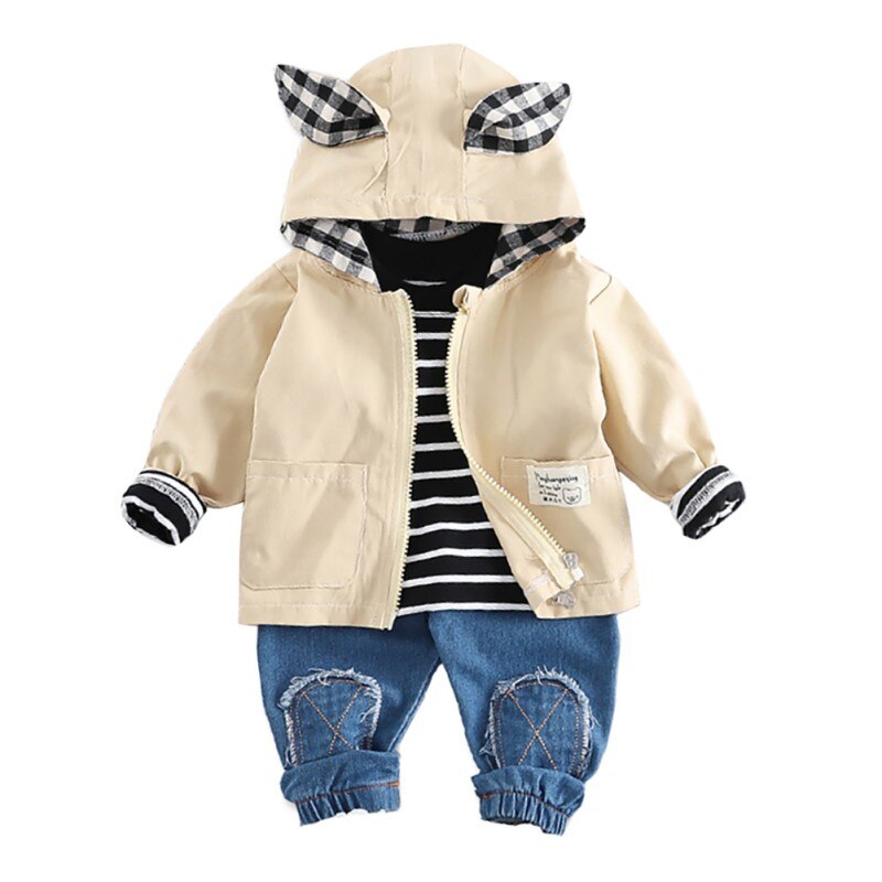 3PCS Spring Fashion Baby Boy Clothes Set Cartoon Zipped Coat+Striped T-shirt+Denim Pants Children Clothing Set 2019 Spring New