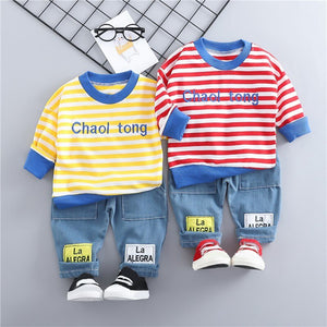 Striped Long Sleeve T-shirt Baby Boy Clothes Set Fashion Spring New Children Clothing Set Dennim Pants For Boy Clothes