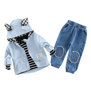 3PCS Spring Fashion Baby Boy Clothes Set Cartoon Zipped Coat+Striped T-shirt+Denim Pants Children Clothing Set 2019 Spring New