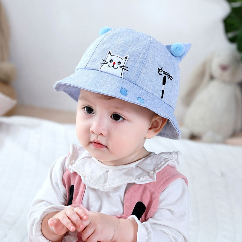 Summer Baby Girls Hat Reversible Sunhat Headwear Toddler Cute Cartoon Cat Pattern Bucket Hats Caps