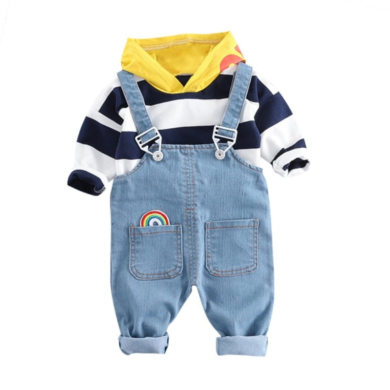 Fashion Stripe Boys Hoodies Sweatershirt Set New Strap Jeans Handsome Boy Clothes Set 2019 Children Clothing