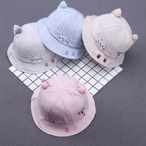 Summer Baby Girls Hat Reversible Sunhat Headwear Toddler Cute Cartoon Cat Pattern Bucket Hats Caps