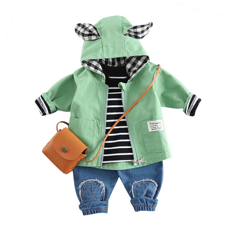 Spring Fashion Baby Boy Clothes Set Cartoon Zipped Coat+Striped T-shirt+Denim Pants Children Clothing Set 2019 Spring New