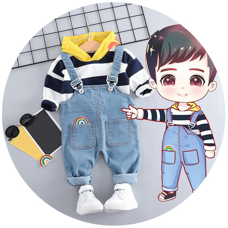 Fashion Stripe Boys Hoodies Sweatershirt Spring Boy Clothes Set New Strap Jeans Handsome Boy Clothes Set 2019 Children Clothing