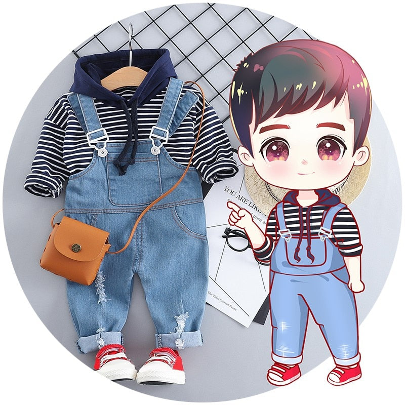 Unisex Baby Set Spring 2019 Striped Hoodies Sweatshirt +Fashion Denim Overalls Boy Jeans Cute Children Clothing Set 2PCS